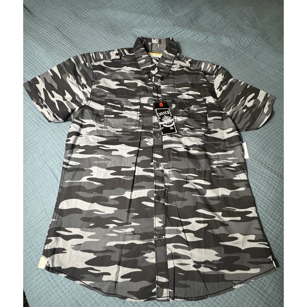 Drill clothing company grey camo military men shirt size L NWT‎